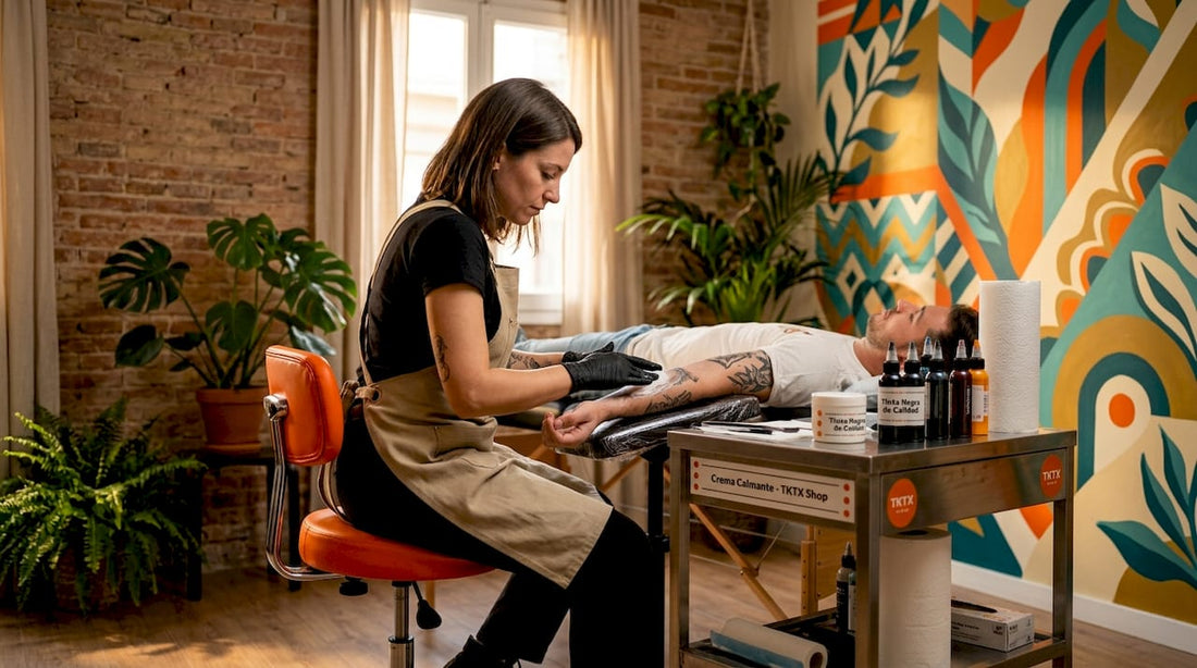 El tatuador está aplicando crema anestésica en el brazo del cliente antes de empezar el trabajo.