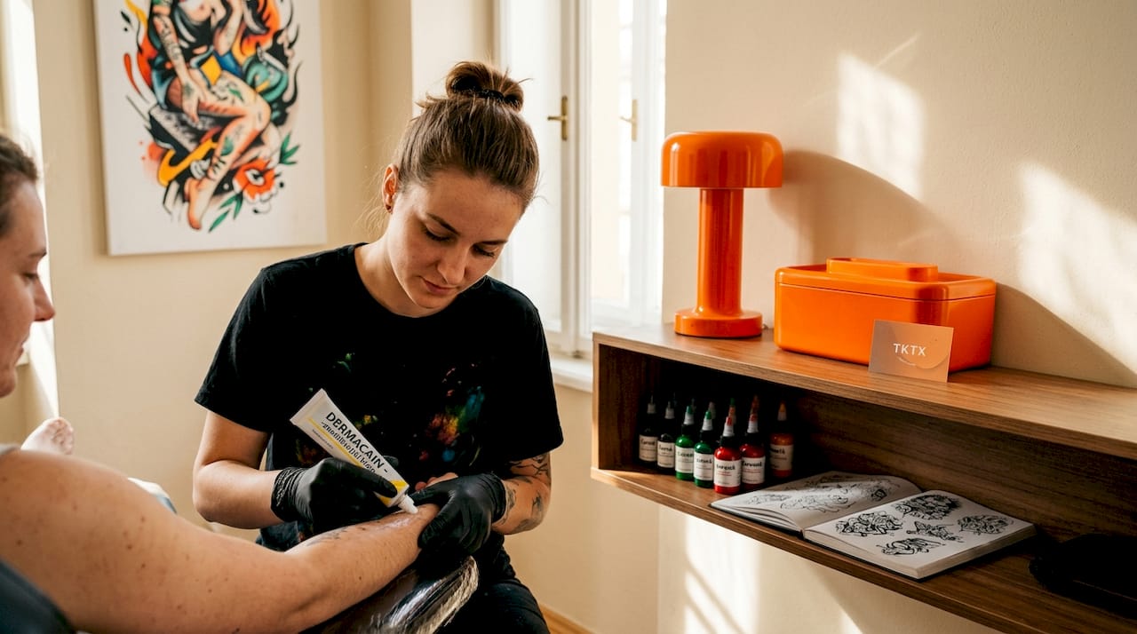 Tatér nanáší znecitlivující krém Dermacain na pokožku před tetováním.