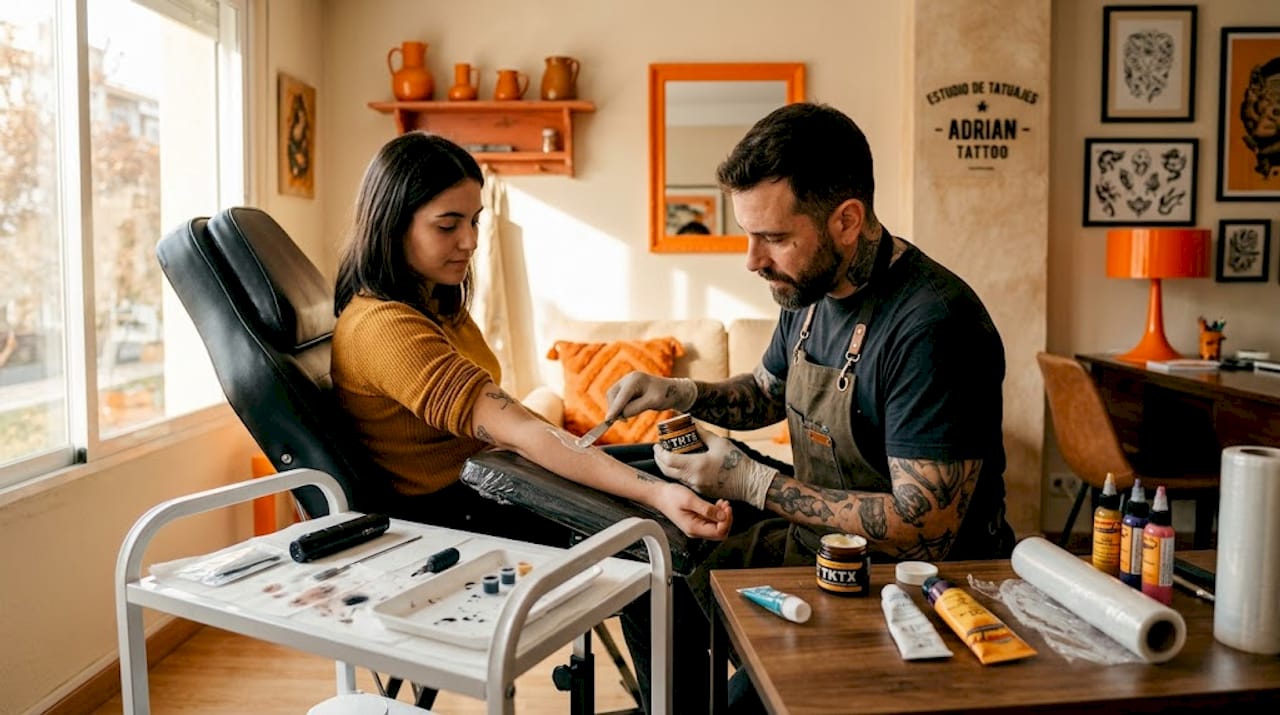 El tatuador aplica crema anestésica antes de comenzar el tatuaje en el estudio.