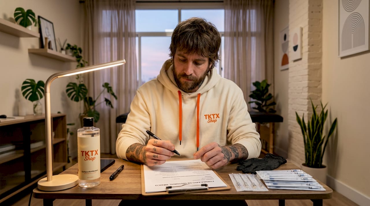 El tatuador revisando el historial de alergias del cliente antes de comenzar el diseño.