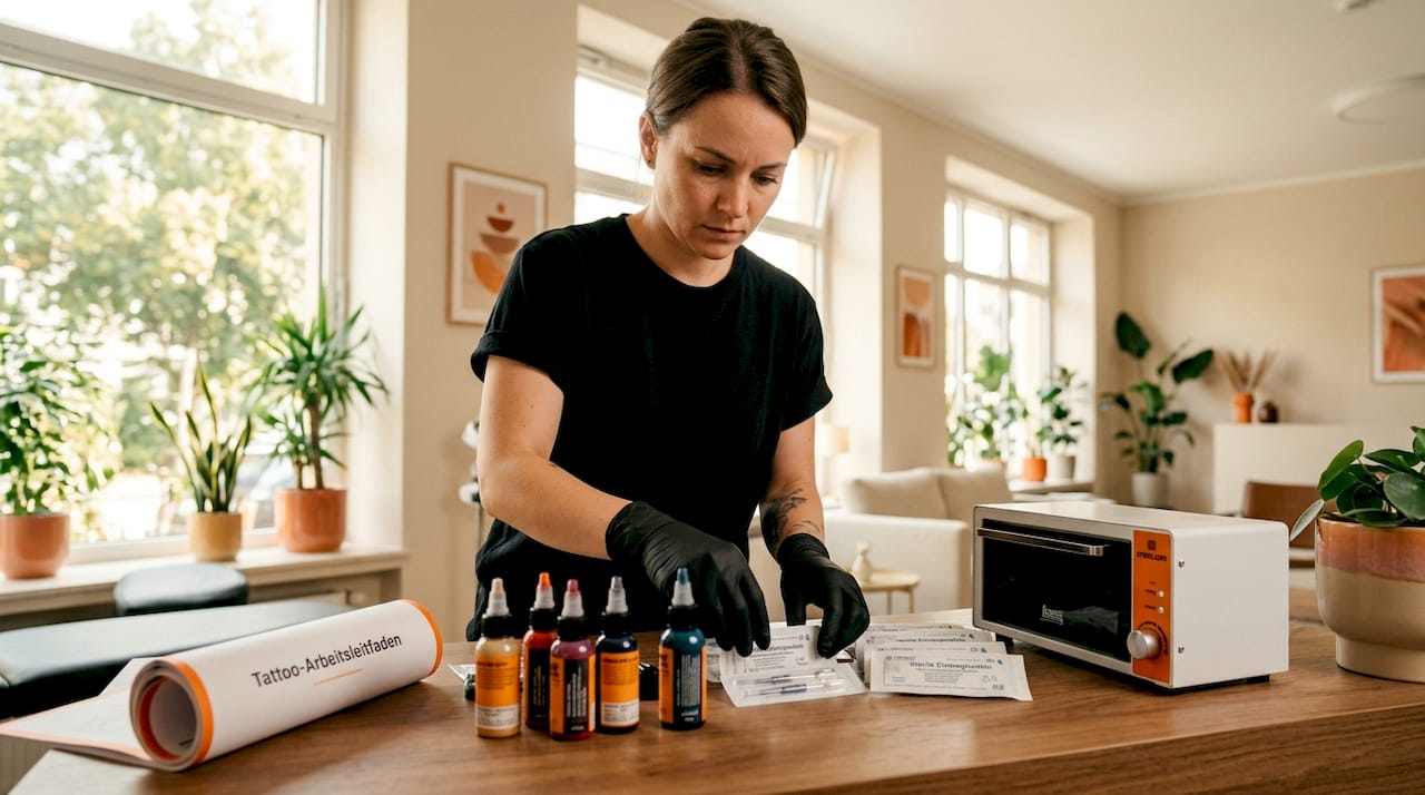 Ein Tätowierer richtet seinen Arbeitsplatz ein und bereitet die Arbeitsutensilien für die nächste Sitzung vor.