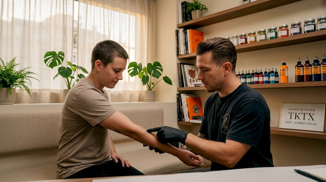 Tatuador conversando con el cliente sobre en qué parte del cuerpo hacerse el tatuaje