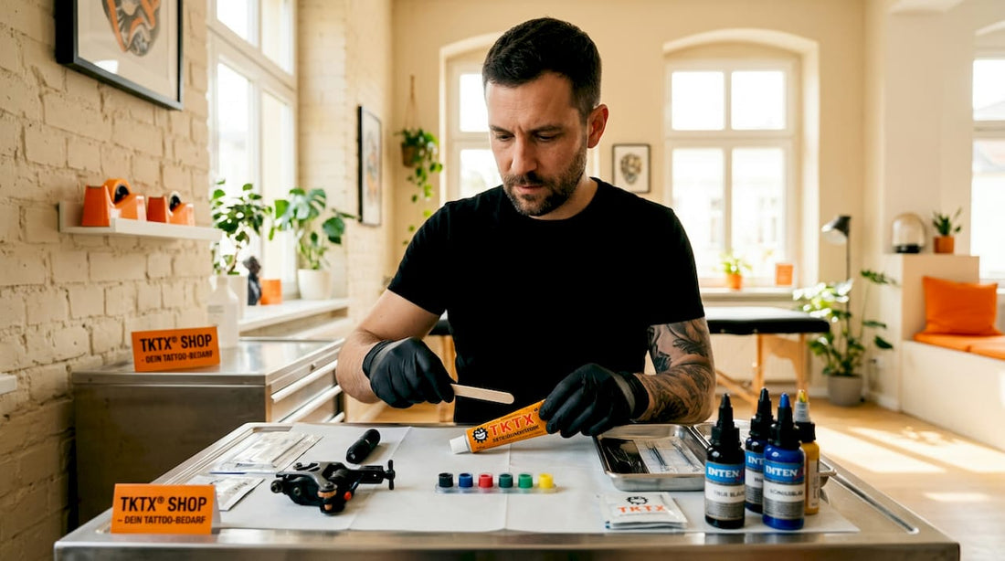 Ein Tätowierer bereitet seinen Arbeitsplatz vor und trägt dabei eine betäubende Creme auf, um den Kunden optimal auf die Behandlung einzustimmen.