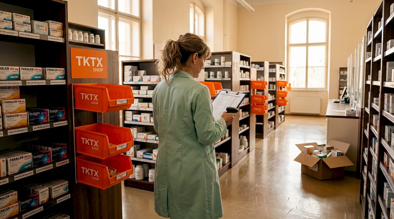 Lékárník v nemocniční lékárně pravidelně kontroluje zásoby léků, aby bylo vše v pořádku a nic nechybělo.