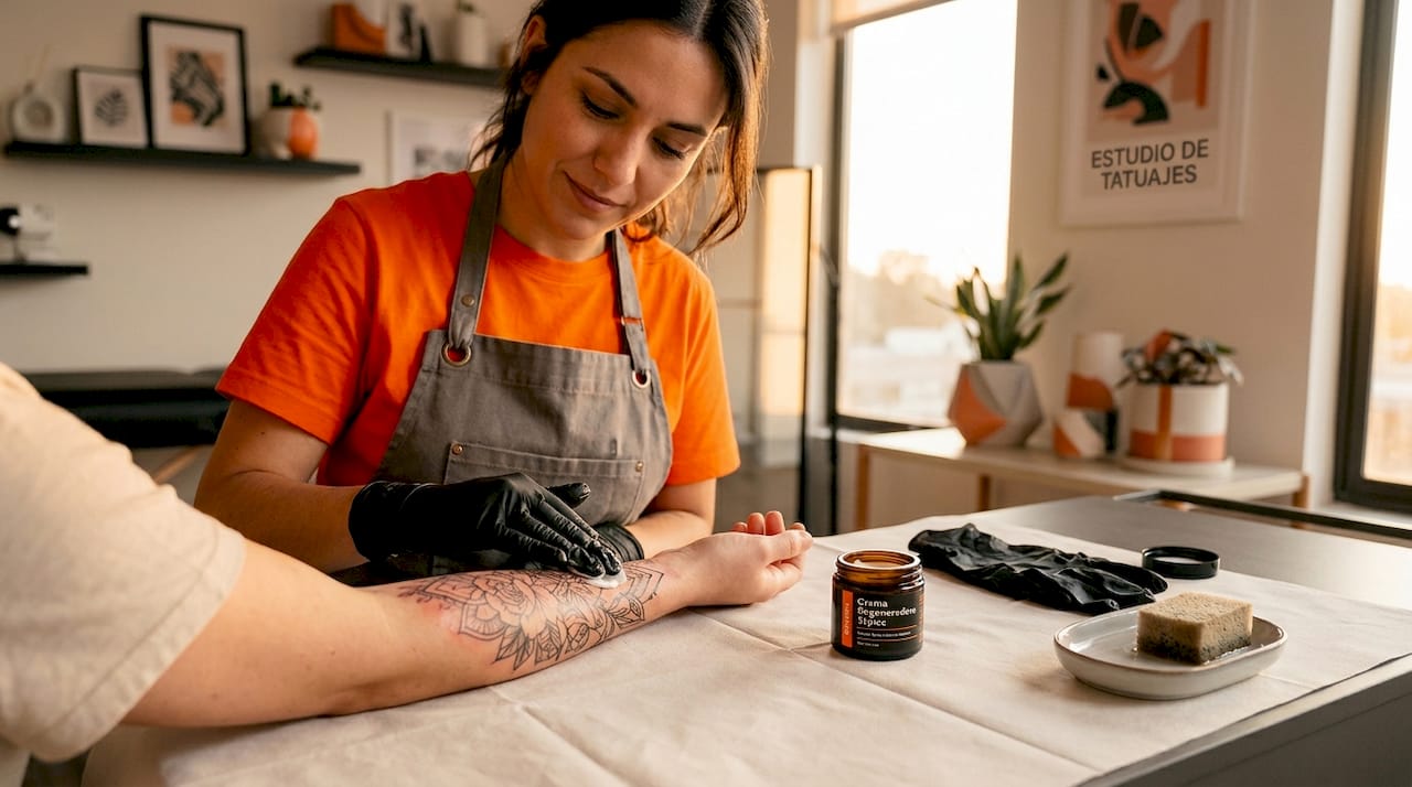 El tatuador aplica una crema sobre el tatuaje recién hecho para ayudar en la cicatrización.