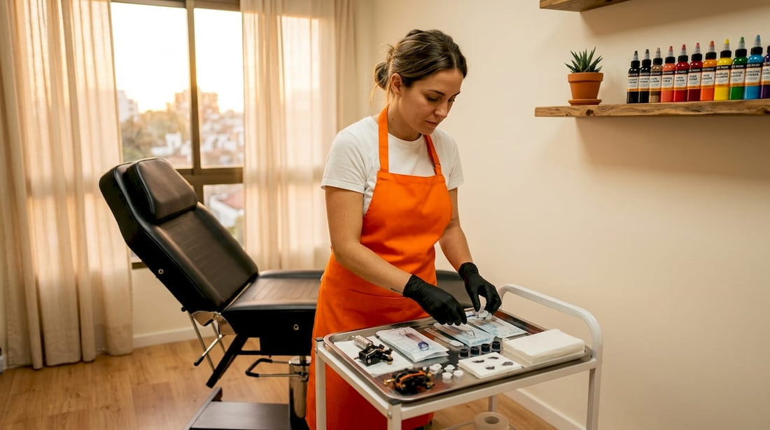Tatuador acomodando y preparando su espacio de trabajo en el estudio