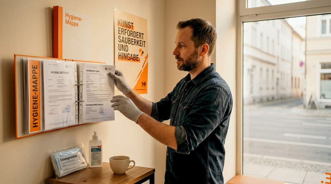 Tätowierer prüft die Nachweise zur Einhaltung der Hygienestandards