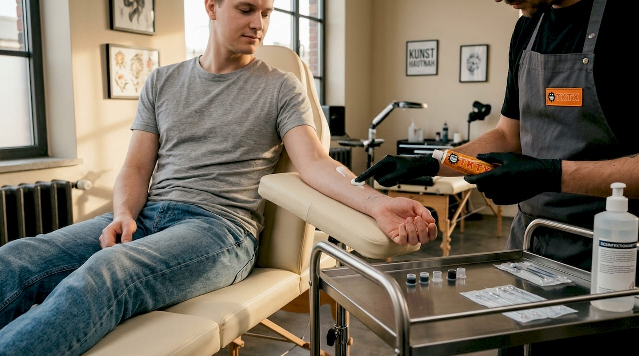 Ein Tätowierer trägt eine betäubende Creme auf den Arm seines Kunden auf, um das Stechen angenehmer zu machen.