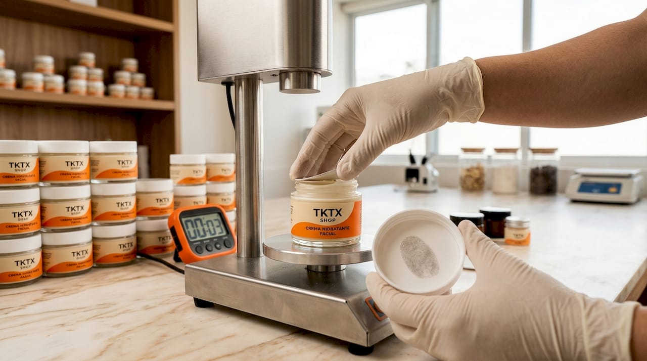 Manos colocando un sello de seguridad en un tarro de crema cosmética